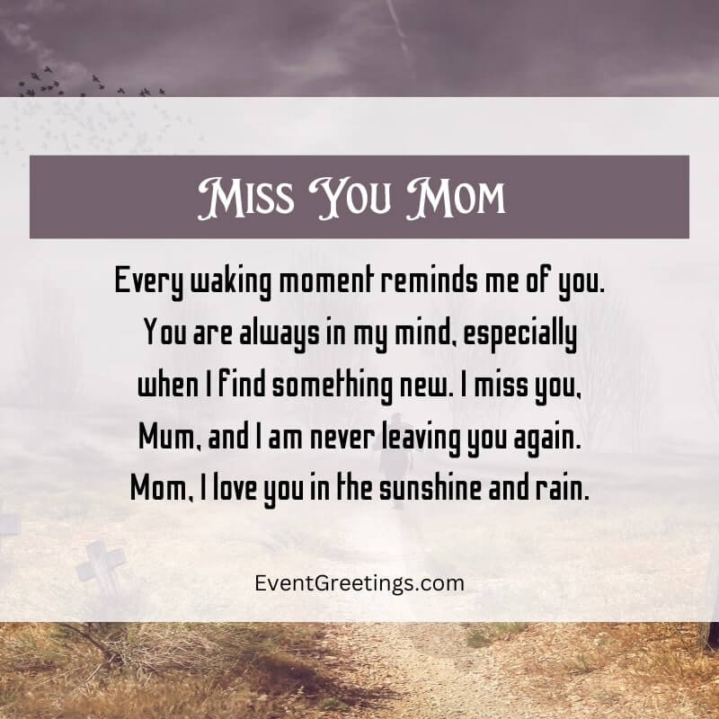 Every waking moment reminds me of you. You are always in my mind, especially when I find something new. I miss you, Mum, and I am never leaving you again. Mom, I love you in the sunshine and rain.