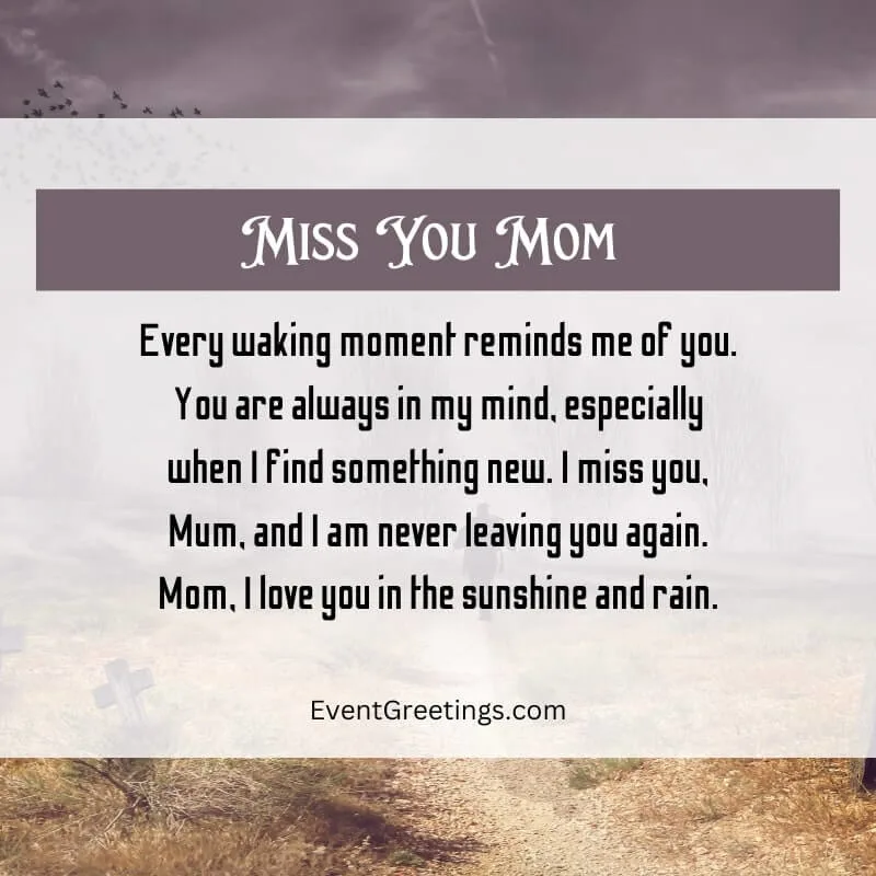 Every waking moment reminds me of you. You are always in my mind, especially when I find something new. I miss you, Mum, and I am never leaving you again. Mom, I love you in the sunshine and rain.